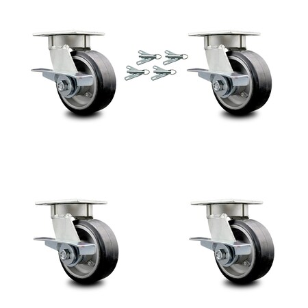 Service Caster 5 Inch Kingpinless Rubber on Aluminum Wheel Caster Set Brake and Swivel Lock SCC SCC-KP30S520-RAR-SLB-BSL-4